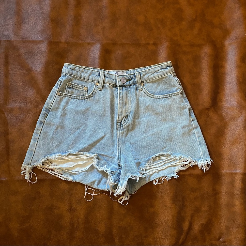 Missguided | Blue Light Wash | Extreme Ripped Hem | High Waist Denim Shorts 0